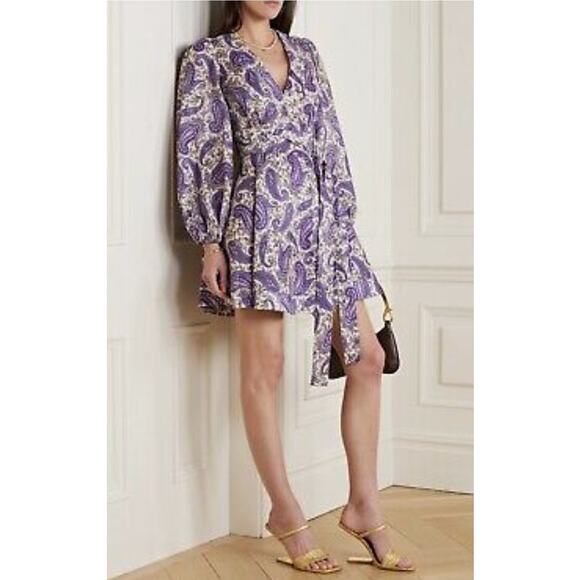 $1330 Zimmermann Devi Paisley linen Wrap Belt mini dress Sz 10 M L Purple - Picture 1 of 16